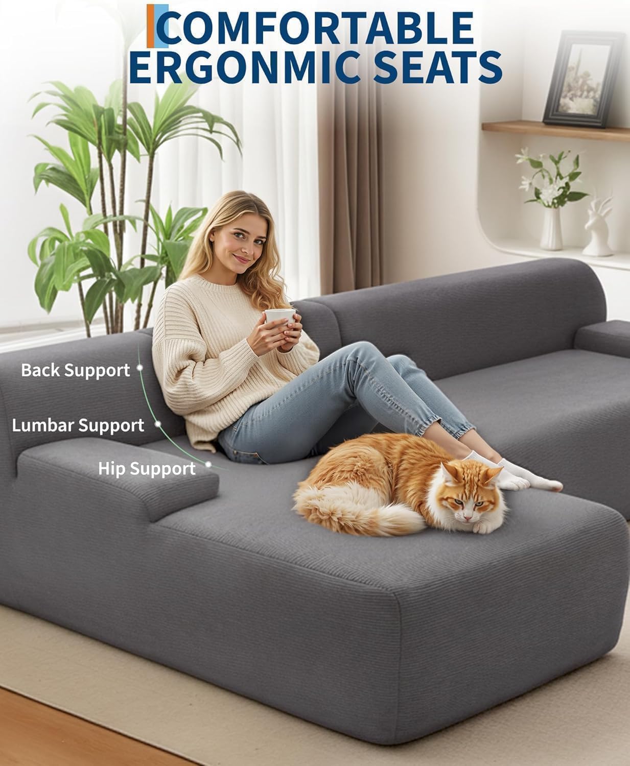PeakPursuit Oversized 108" Corduroy Cloud Sectional, Left-Facing Chaise Boneless Modular Sofa, Soft Deep Lounger for Living Room, No Assembly Needed
