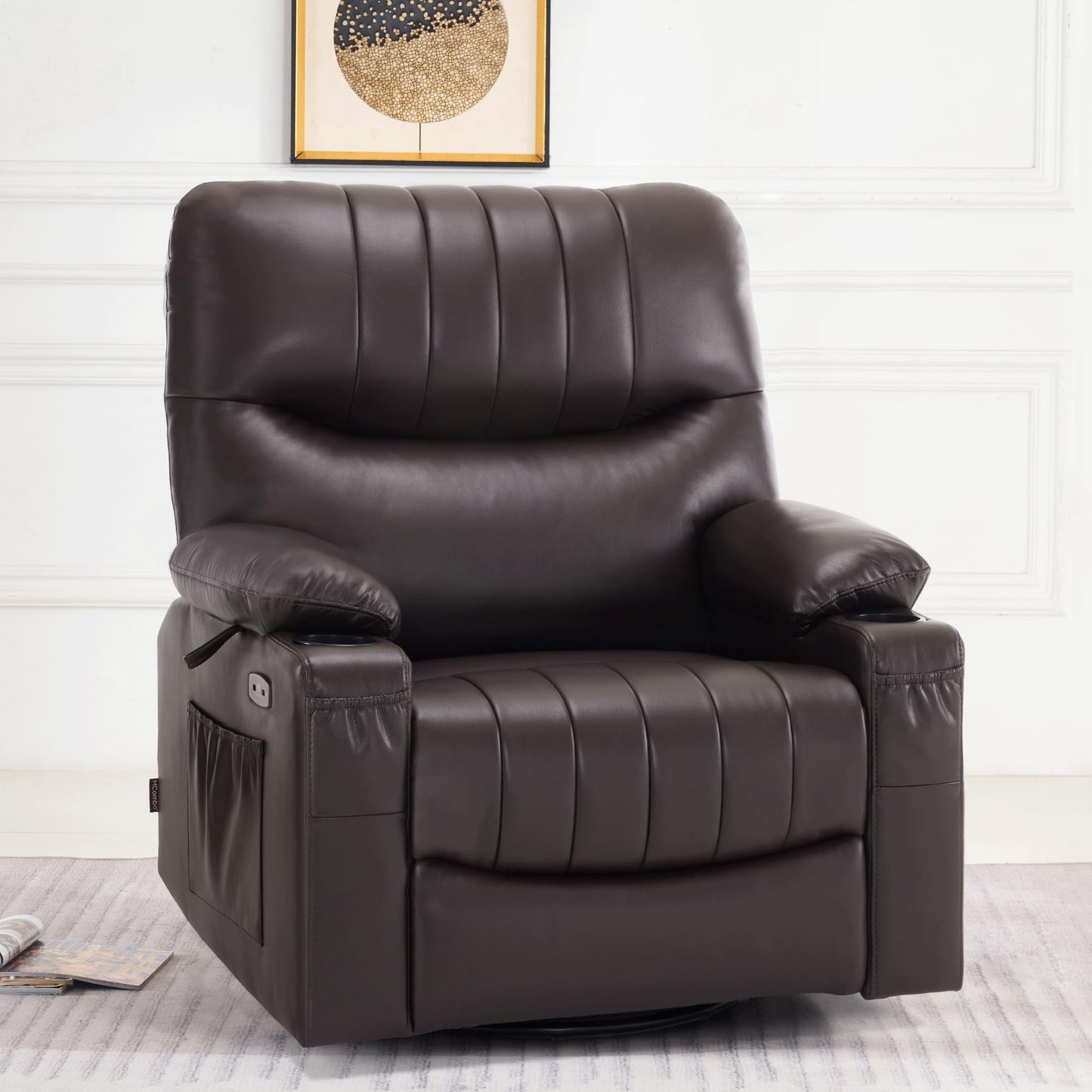 MCombo Oversized Swivel Glider Rocker Power Recliner Chair for Living Room with Heat and Vibration Massage, USB Ports, Cup Holders and Pockets, Faux Leather 7785 (Chocolate Brown)
