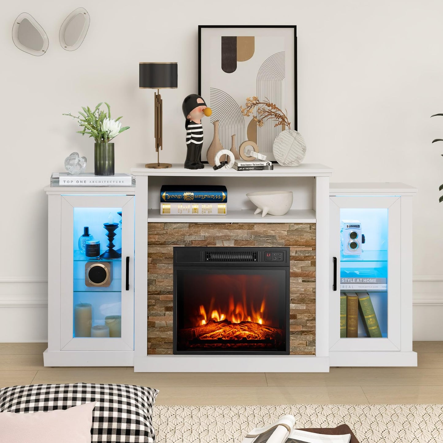 Tangkula Electric Fireplace TV Stand, Electric Fireplace Mantel with 16-Color Led Lights, Adjustable Glass Shelves, Remote & Smart APP Control, TV Console for Living Room