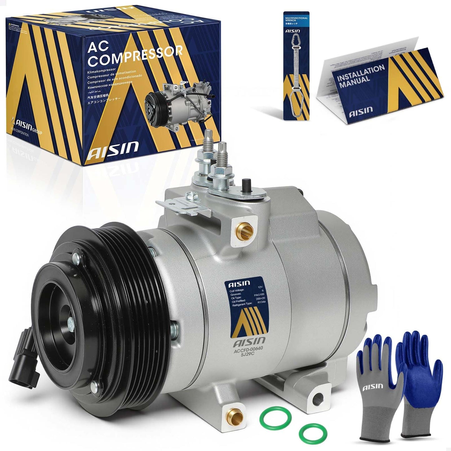 AISIN AFTERMARKET ACCFD-00640 Air Conditioner AC Compressor - Compatible with Ford F-250 F-350 F-450 F-550 Super Duty 2011-2016, E-350 E-450 Super Duty 2021-2022 - with 6-Pulley Groove & Clutch