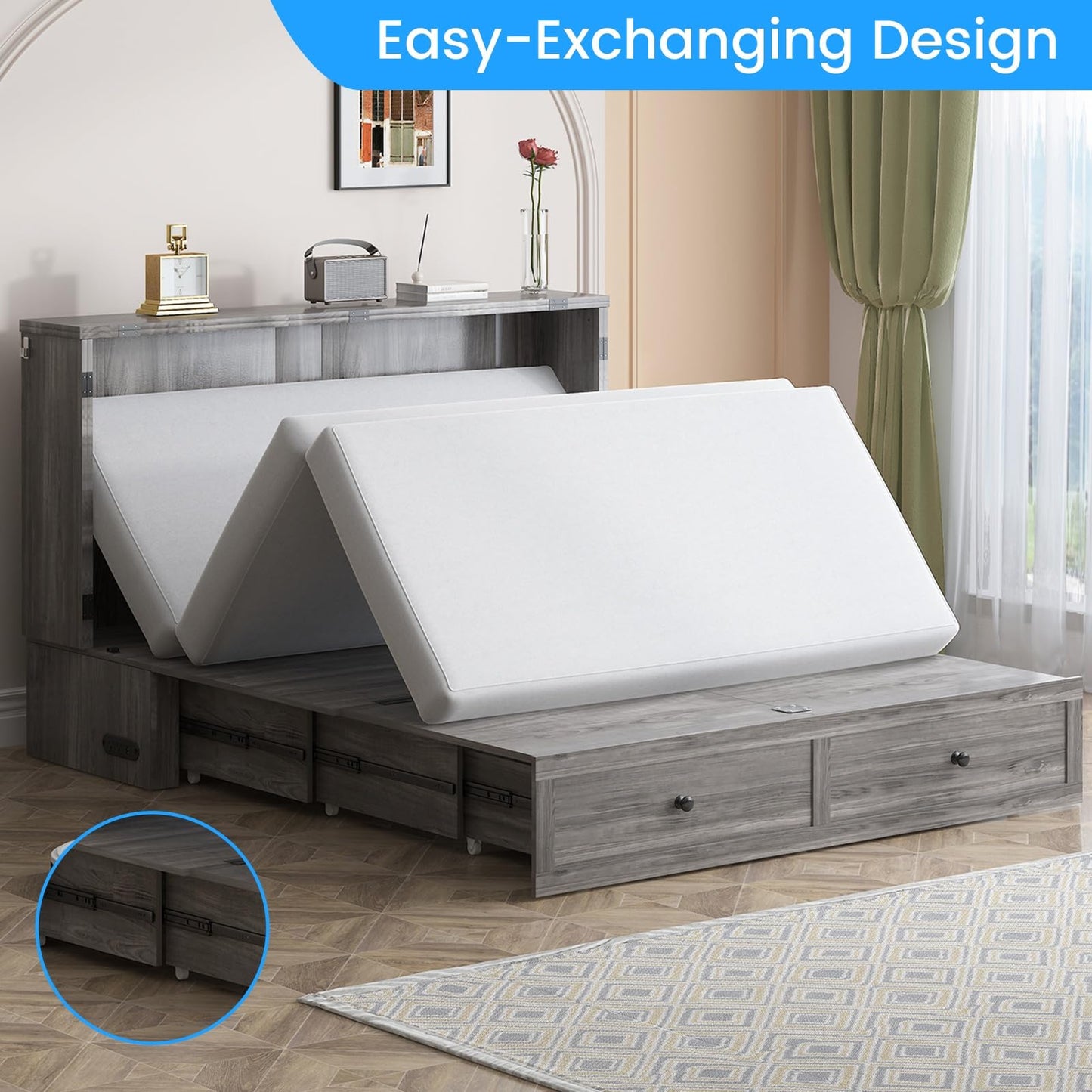 PUREMIND Full Murphy Bed Cabinet with Mattress Included, Bedroom Cabinet Beds with USB Charging Station, Murphy Chest Bed with Storage Drawers, Horizontal Wallbed for Guest Room Grey