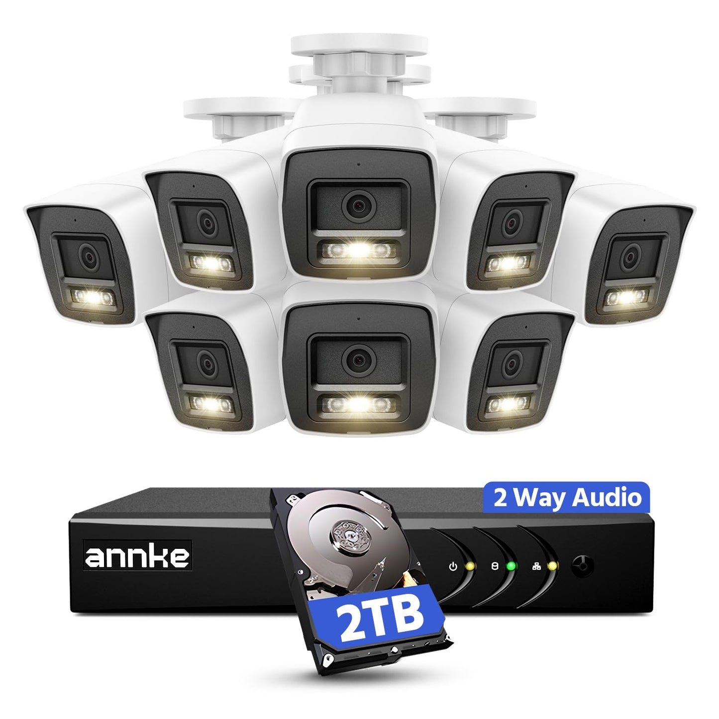 ANNKE 2MP Two-Way Audio Security Camera System, 8CH 3K Lite DVR, 8pcs 1080P CCTV White Wired Cams with Smart Color Night Vision, AI Motion Detection, 2TB HDD for Outdoor Home Surveillance