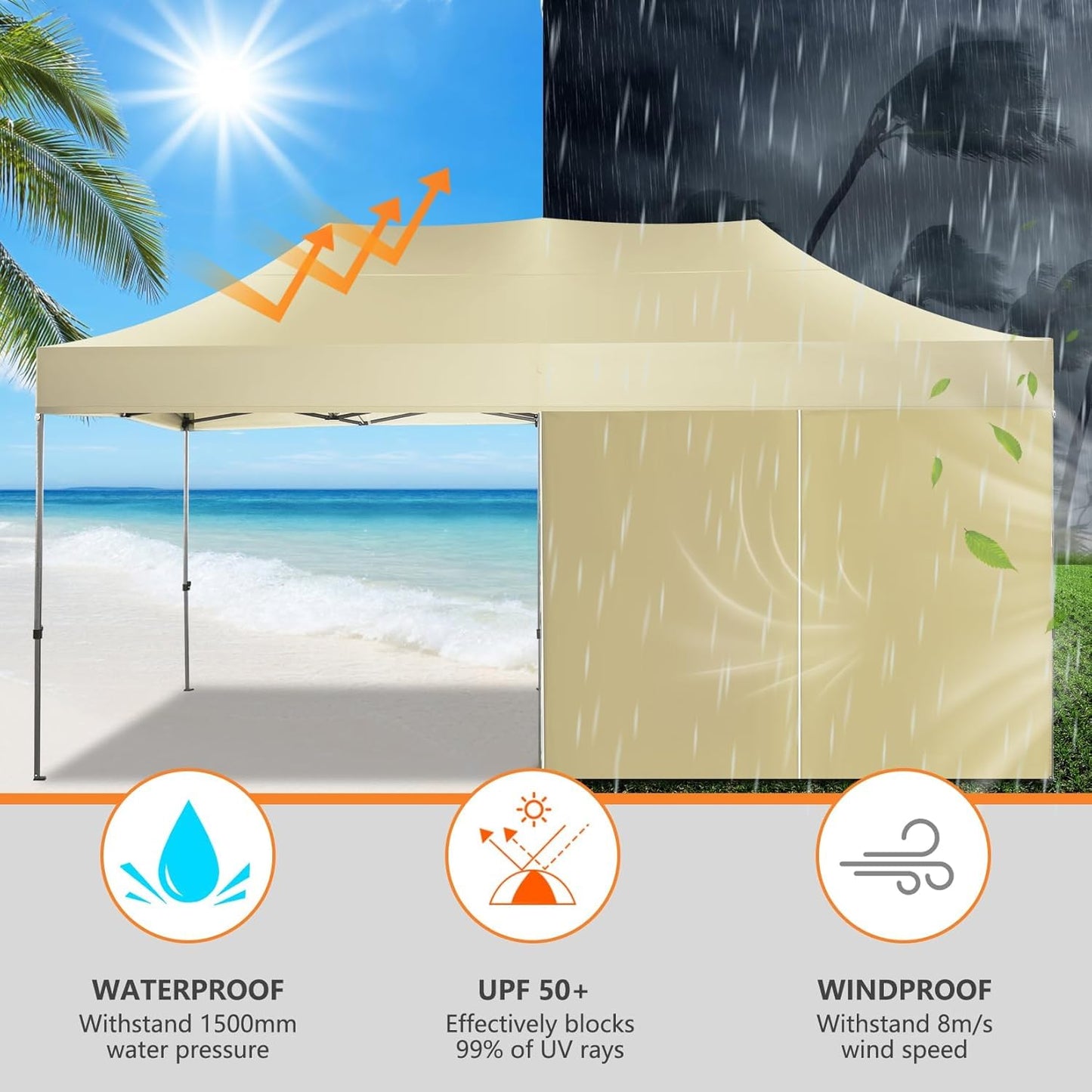 COBIZI 10x20 Pop up Canopy Tent Heavy Duty, Easy Set-up Commercial Outdoor Party Tent, 100% Waterproof Wedding Tents Gazebo, 3 Height Adjustable with Wheeled Bag, Khaki