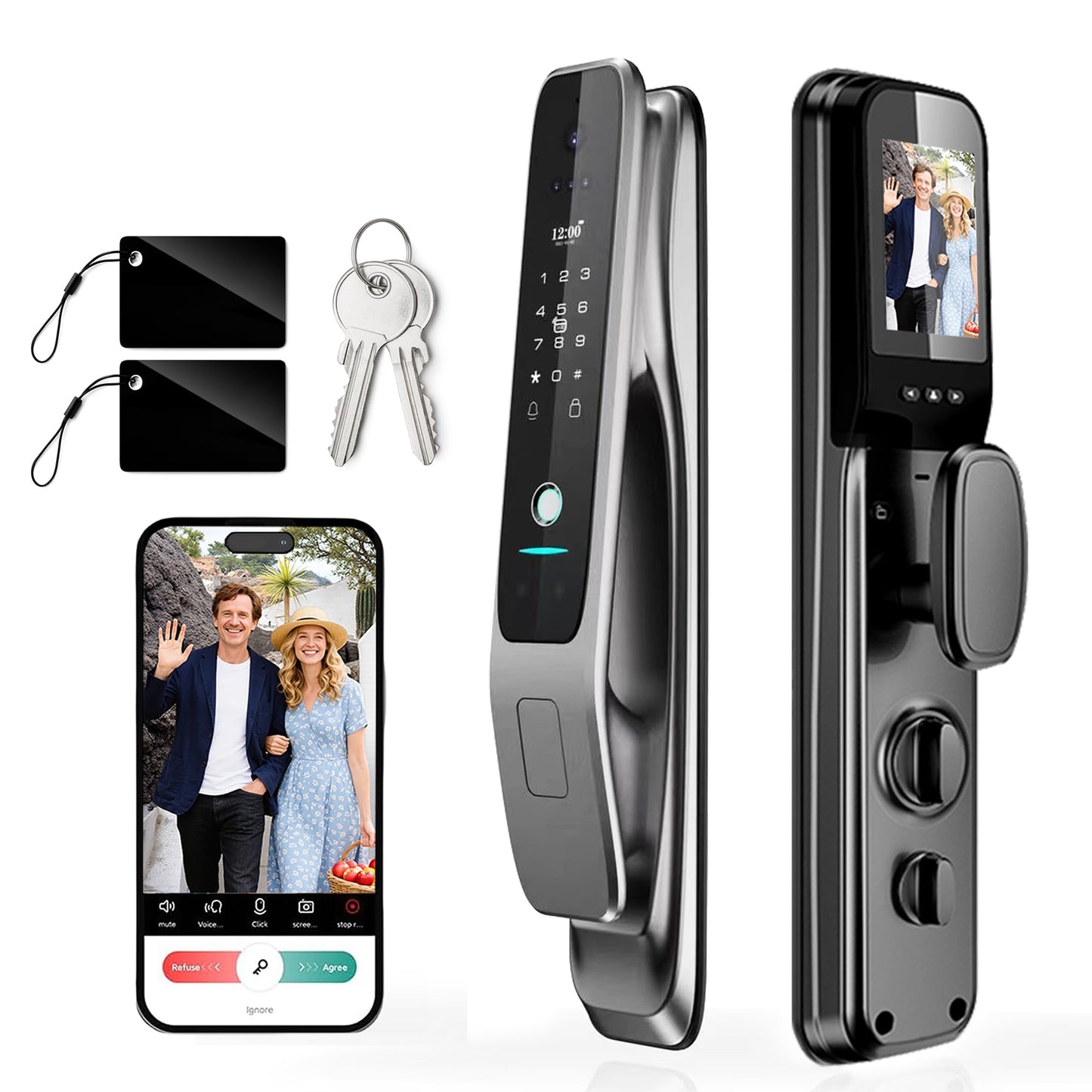 YINTIN 3D Face Recognition Smart Lock with Camera & Handle, Palm Vein Keyless Entry, Fingerprint Door Lock & Video Doorbell, 8-in-1 Unlock, Mortise Lock, Tuya App, 2-Way Talk, IP67 for Front Door