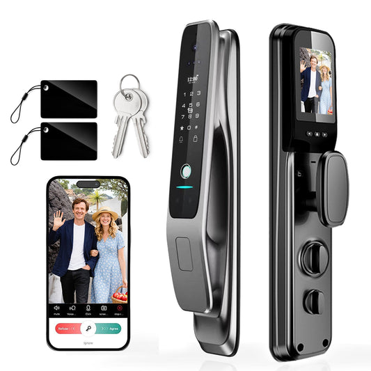 YINTIN 3D Face Recognition Smart Lock with Camera & Handle, Palm Vein Keyless Entry, Fingerprint Door Lock & Video Doorbell, 8-in-1 Unlock, Mortise Lock, Tuya App, 2-Way Talk, IP67 for Front Door