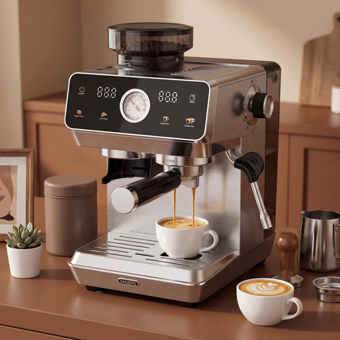 MOEFO Espresso Machine with Grinder, 20-Bar Programmable Semi-Automatic Coffee Maker, Visual Pressure Gauge & Touchscreen, Compact Design with 44-Grind Settings, Make Americano, Latte, Silver