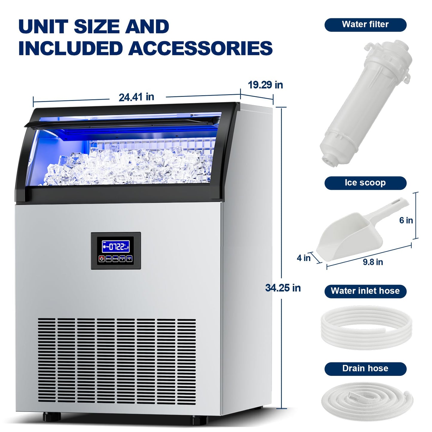 Commercial Ice Maker Machine 410Lbs/24H Freestanding Stainless Steel Under Counter Ice Maker with 80lbs Ice Storage Capacity Scoop Water Filter Pipes for Restaurant Offices Bars Home