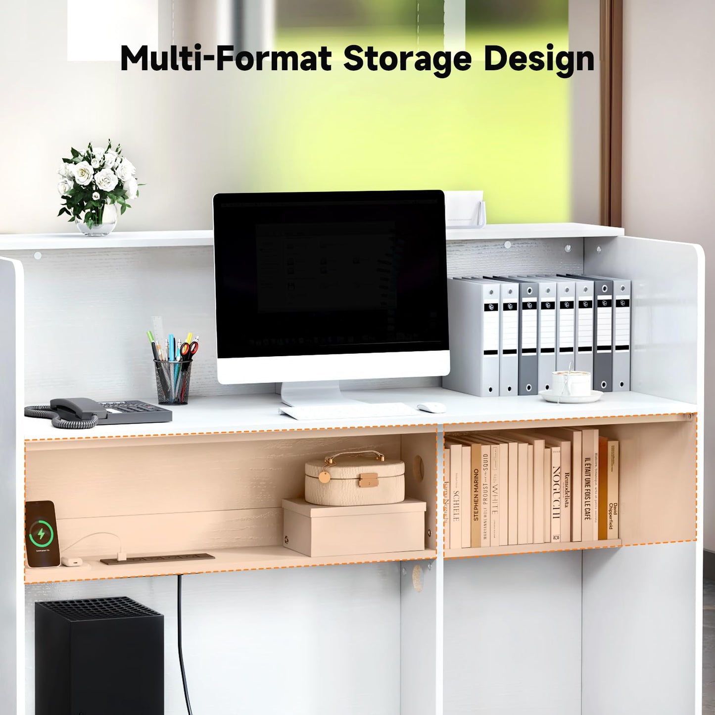 TC-HOMENY Reception Desk with LED Lights, 55'' Retail Counter Modern with Storage Shelves and Cable Grommet, Front Table, Salon Desk, Office Table,White