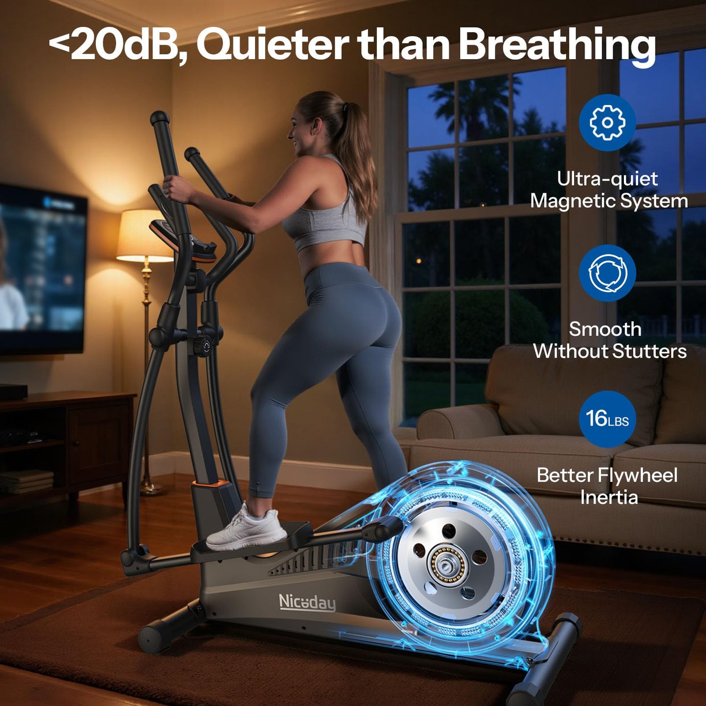 Niceday Elliptical Exercise Machine, Elliptcal Machine for Home, 16IN Stride Elliptical Machine, Elliptcal Training Machine with 16 Level Resistance, 400LBS Loading Capacity