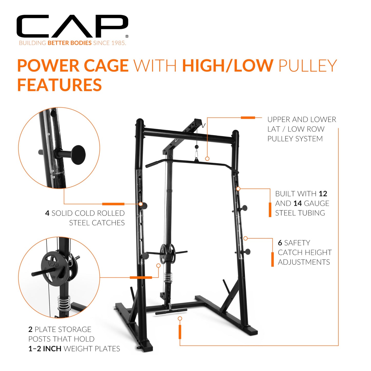 CAP Barbell Power Cage with High-Low Pulleys – Heavy-Duty Power Rack for Home Gym – Adjustable Gym Rack & Weight Cage with Pull Up Bar, Dip Station, and Plate Storage