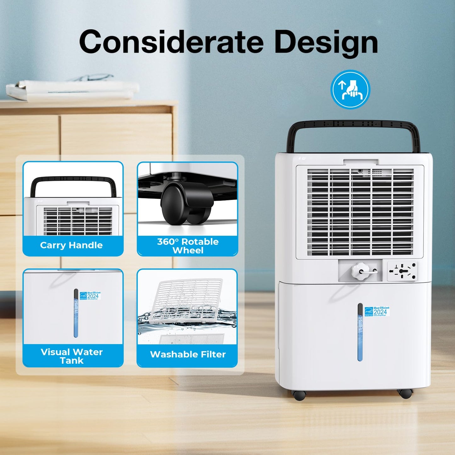 PLUSCENT 52 Pint Dehumidifier for Home and Large Basements, Up to 5000 Sq.Ft Coverage, Quiet 40dB, Continuous Drain Hose Included, Smart Humidity Control, 4 Modes, Auto Defrost, 24H Timer