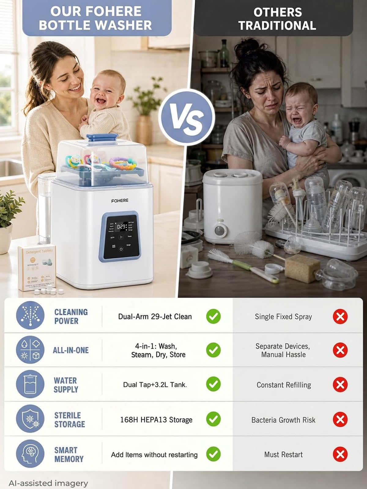 FOHERE All-in-One Baby Bottle Washer and Dryer, Automatic Bottle Cleaner Machine for Breast Pump Parts, Nipples, Newborn Essentials, High-Temp Steam & Deep Clean, 60 Detergent Tablets Included