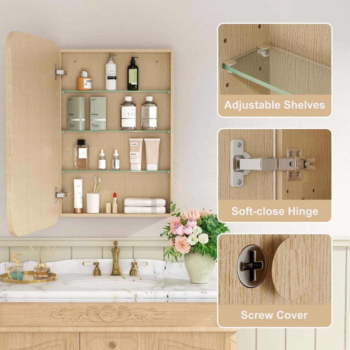 Keazile 20x28 Inch Wood Medicine Cabinet with Mirror, Surface or Recessed Mount Bathroom Mirror Cabinet, Adjustable Glass Shelves, Soft-Close Door, Rounded Corner, Fully Assembled, Oak