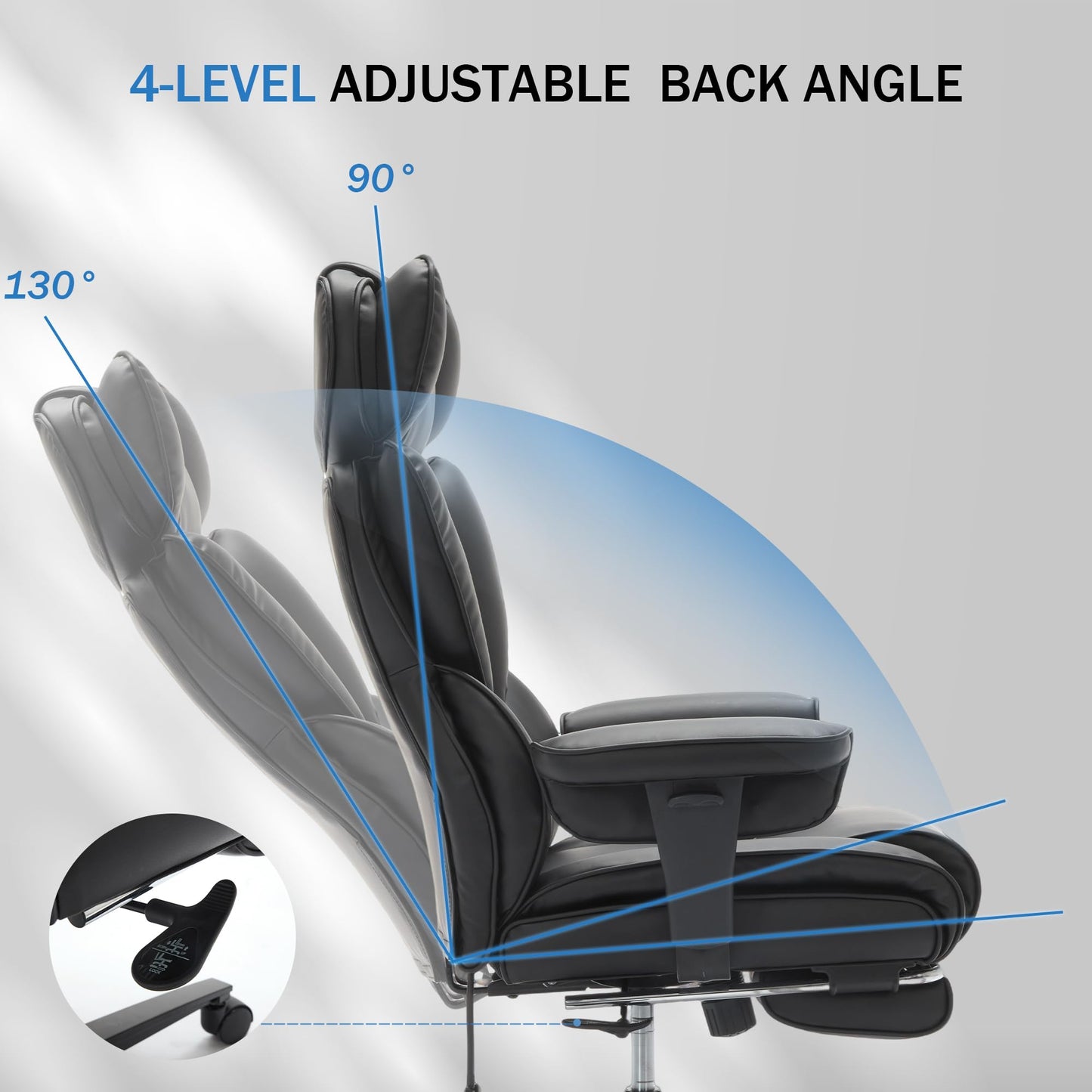 600lbs Big and Tall Office Chair with Foot Rest & Flip Arms, Plus Size Office Chair for Heavy People, Inflatable Adjustable Lumbar Support, Ergonomic Breathable Leather Chair, Quiet Rubber, Black