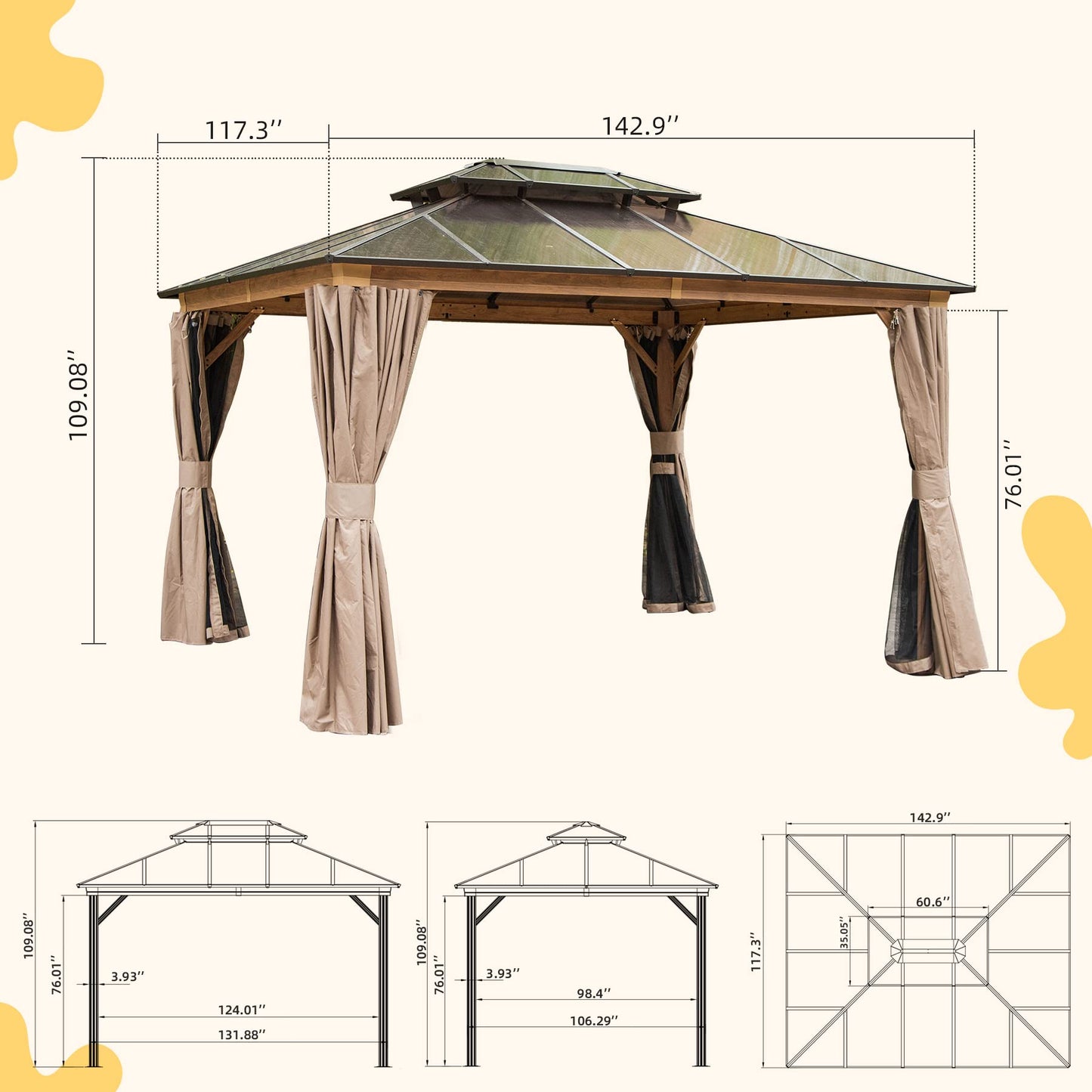 Domi 10' X 12' Hardtop Gazebo with Polycarbonate Double Roof, Aluminum Frame, Curtains & Netting, All-Weather Backyard Shade Structure for Patio, Garden, Deck, and Lawn, Wood-Look Finish