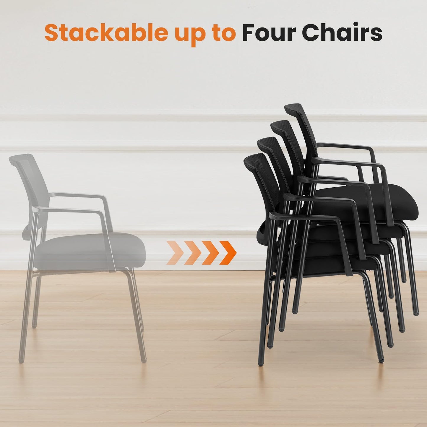 Sweetcrispy Mesh Back Stacking Arm Chairs, Upholstered Fabric Stacking Chairs, Sturdy Metal Office Chairs, Easy to Use and Store, Outdoor and Indoor, for Home, School, Party, Church, 4 Pack Black