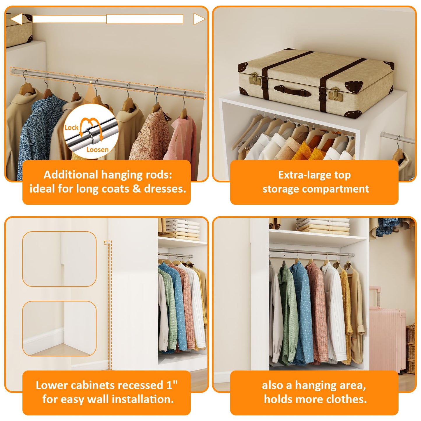 Closet System with 12 Hanging Rods& Shelves , 8FT Small Closet Organizer System Storage Wood with Extra Side Hanging Rod for Walk in Closet, Adjustable Modular Closet Systems Customize, White(8FT)