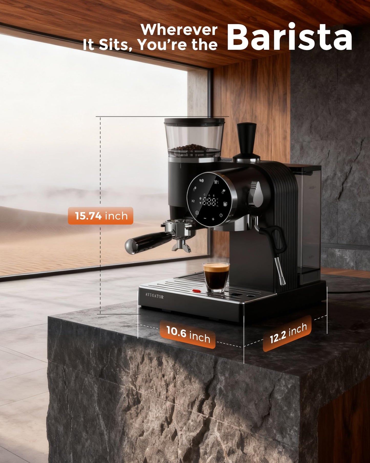 avigator 20 Bar Espresso Machine | LED Screen Touch Control | 6 Level Adjustable Grinder | Drip Coffee & Cold Brew, Milk Frother, Assisted Tamper & Built-In Accessory Storage Box | 50oz Tank