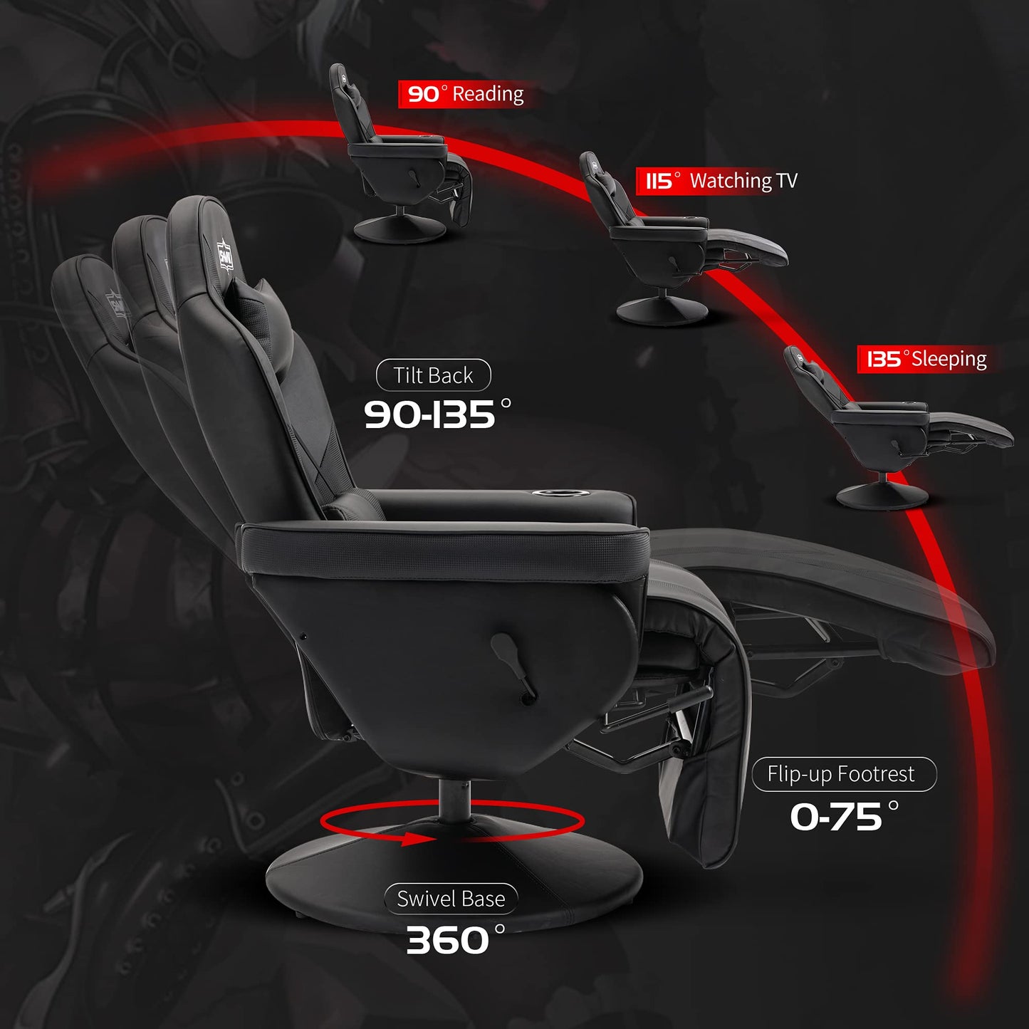 S*MAX Gaming Recliner Chair for Adults Racing Style Ergonomic High Back Swivel PU Leather Gaming Chair with Adjustable Backrest and Footrest Cup Holder Side Pouch Black