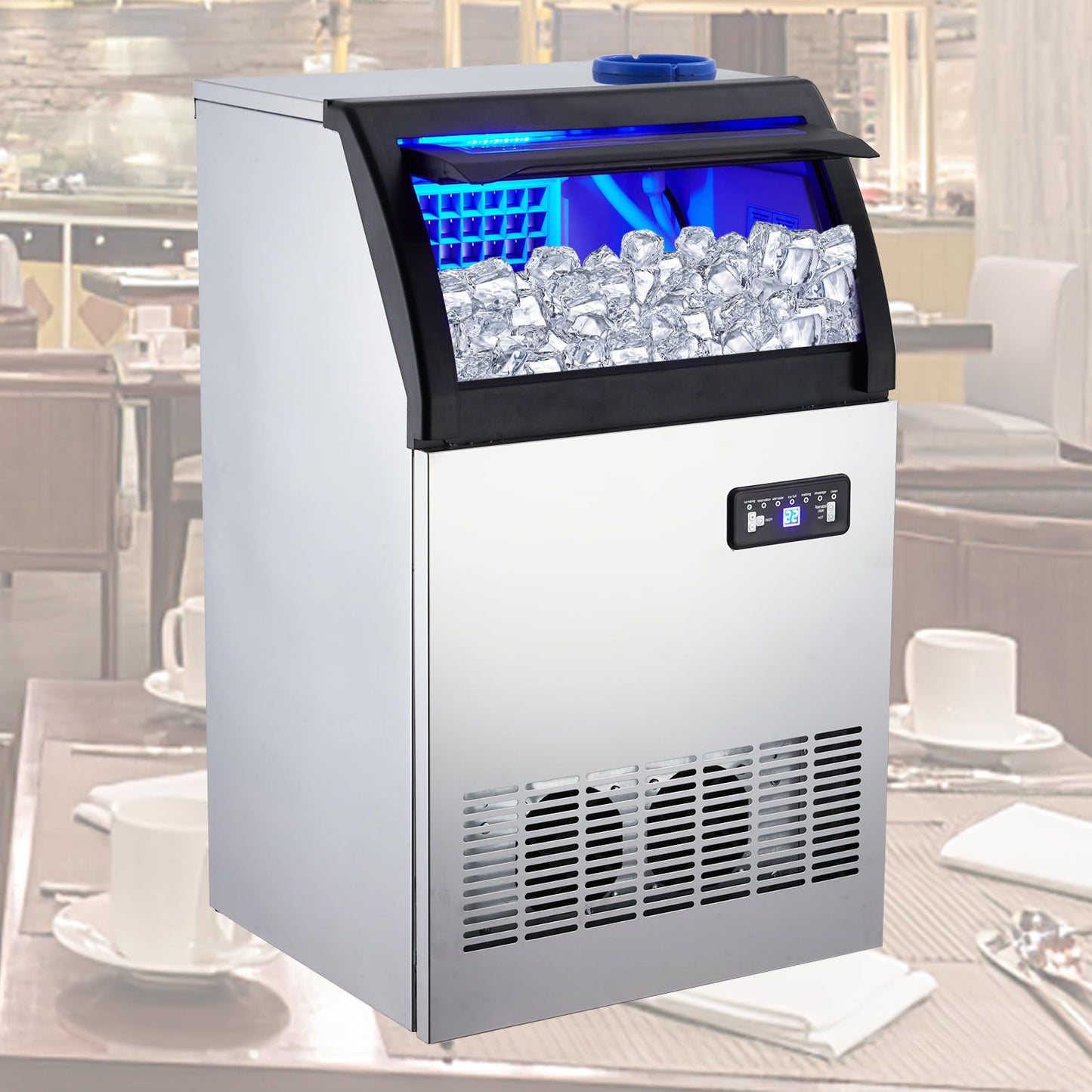 Under Counter Commercial Ice Maker Machine, 100Lbs/24H, Stainless Steel Ice Machines with 33Lbs Storage Bin, Dual Water Supply, Adjustable Thickness, Self-Cleaning, Perfect for Restaurant, Coffee Bar