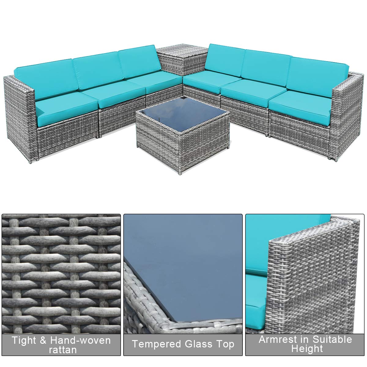 Tangkula 8 Pieces Wicker Patio Furniture Set with Storage Deck Box, PE Rattan Outdoor Sectional Conversation Set with Coffee Table & Cushions, Outside Furniture for Garden Yard Poolside (Turquoise)