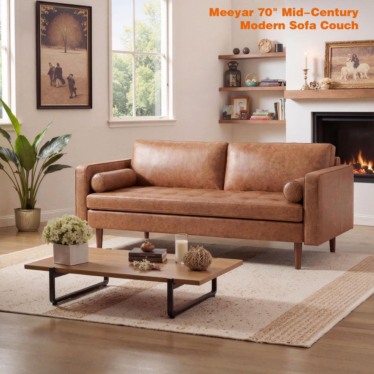 Meeyar 70" Mid-Century Modern Sofa Couch – Faux Leather Loveseat Sofa with Deep Seat & Solid Wood Frame – Includes 2 Accent Pillows –Dark Brown Living Room Bedroom Office