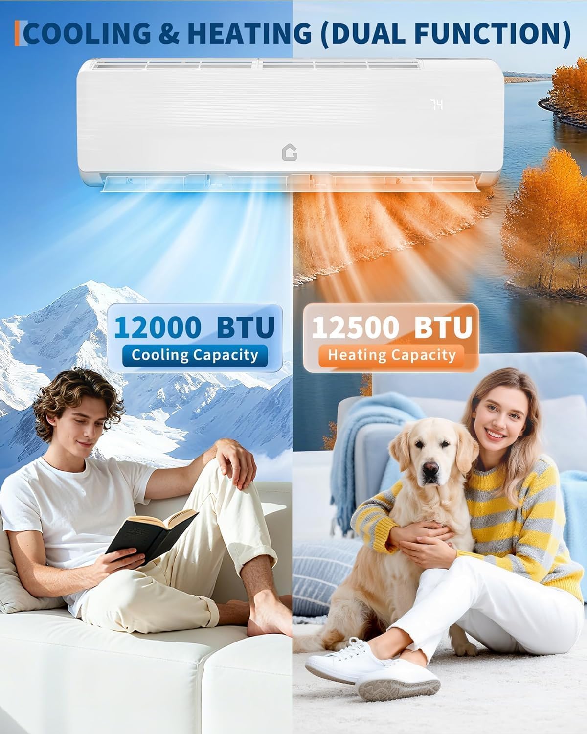EliteEdge 12000 BTU Ductless Mini Split AC/Heating System, 19 SEER2 4-in-1 Inverter Heat Pump for Up to 550 Sq.Ft, 115V with Installation Kit, Wall Mount Low Noise Air Conditioner, White