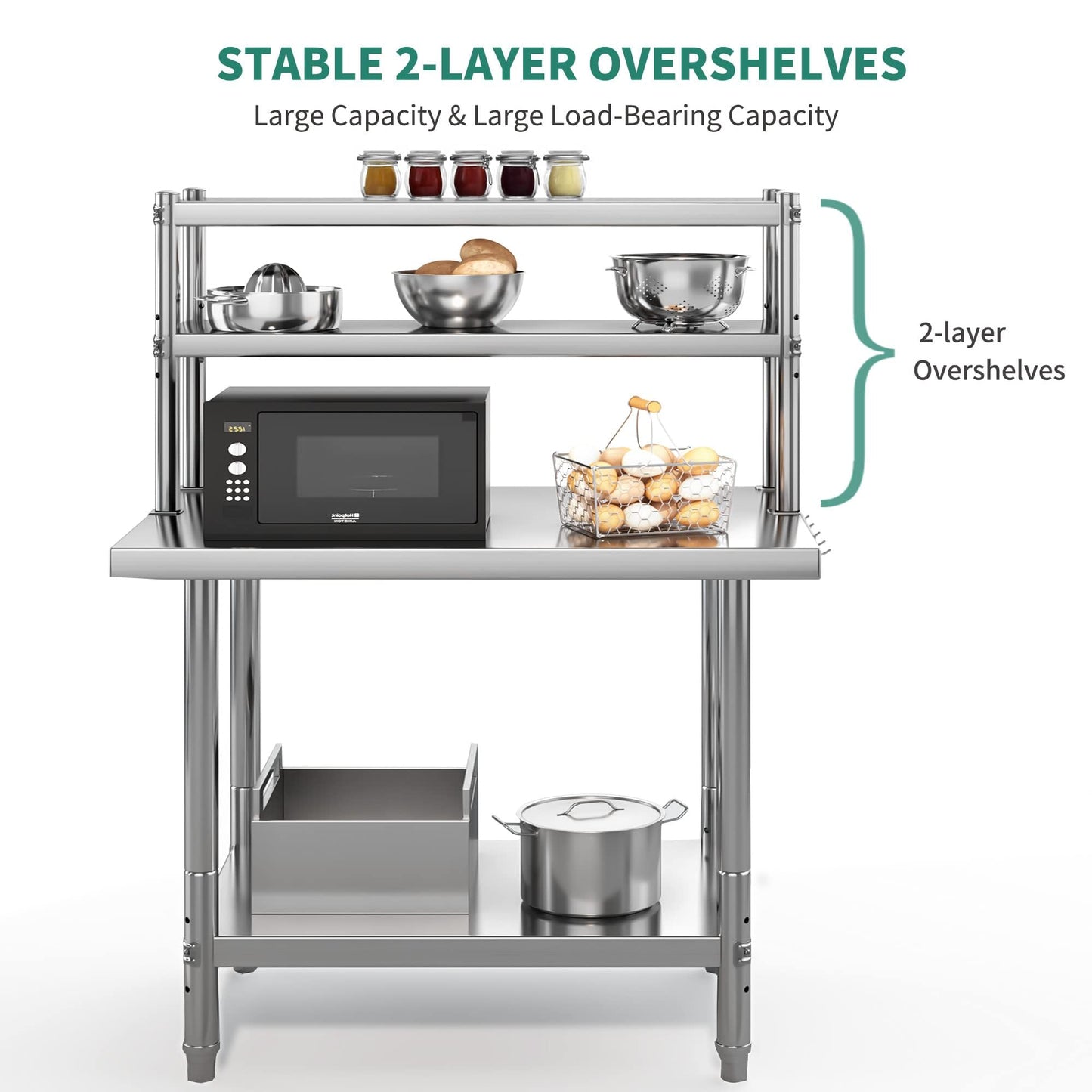 YITAHOME NSF Stainless Steel Work Table With Overshelves, 30" X 24" With 30" X 12" Shelf, Metal Prep Table for Home Kitchen Restaurant Garage Warehouse