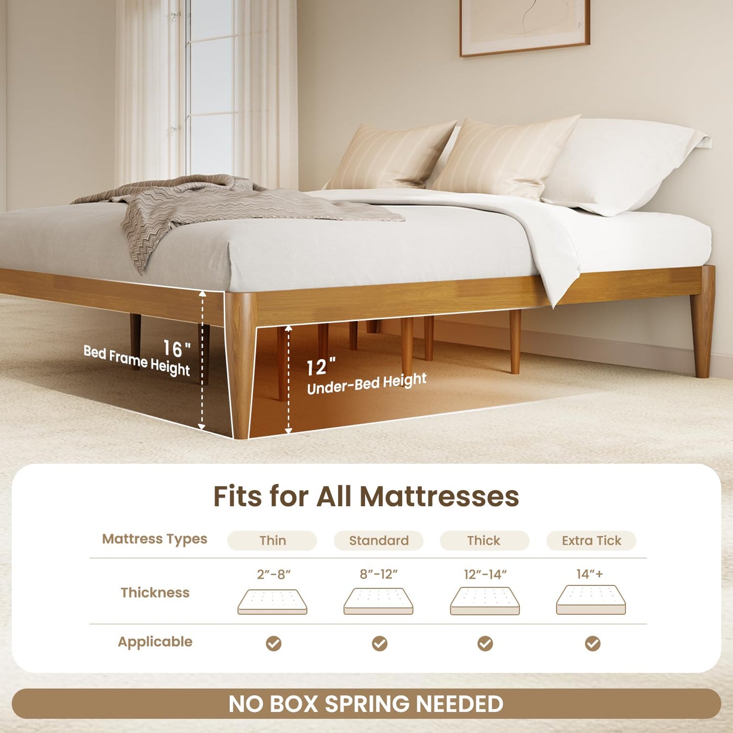 IOTXY Full Platform Bed Frame - Solid Wood 16-Inch Height Mattress Foundation Base with Densely Slats and Heavy-Duty Support Legs, No Box Spring Needed, Teak