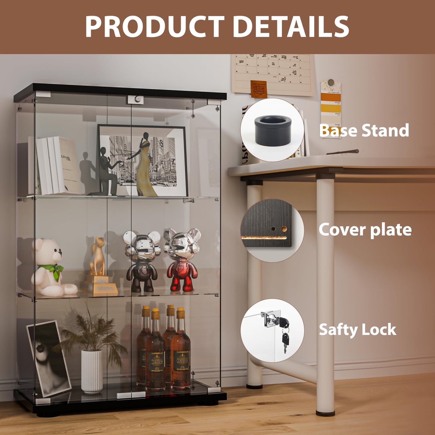 FANYUSHOW Glass Display Cabinet, 2-Door Curio Cabinet with Lock and Glass Shelves, Black Display Case for Collectibles, Lego, Figures, Books, Wine and Home Decor