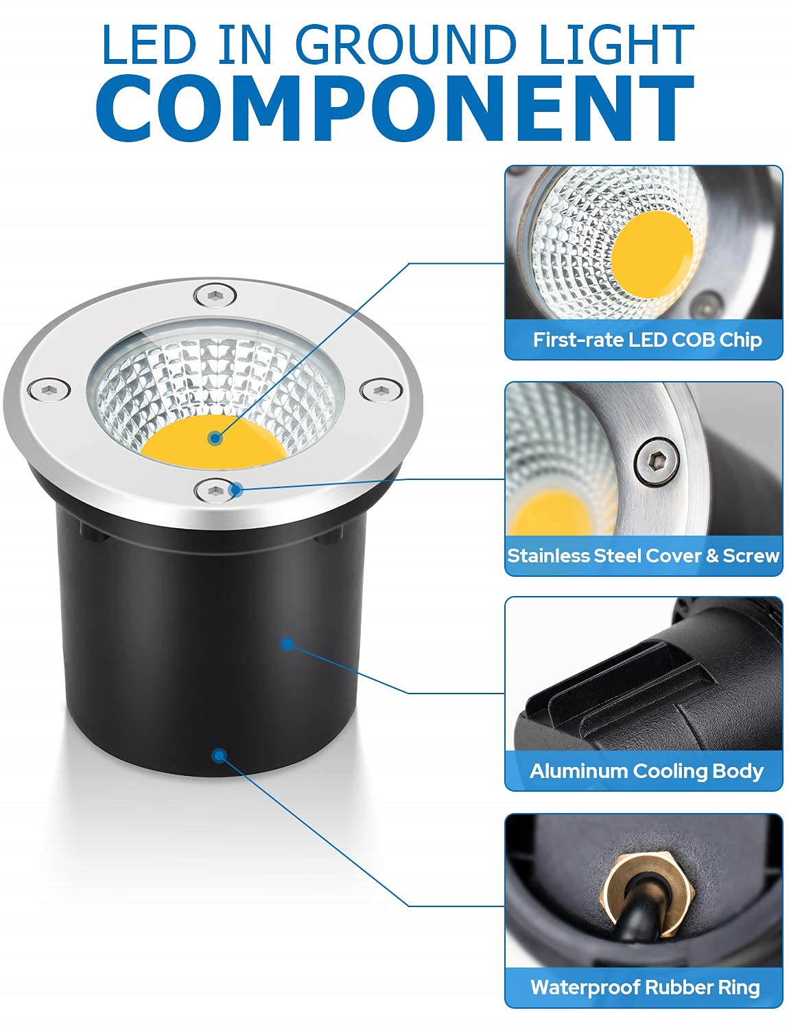 SUNVIE Low Voltage Landscape Well Lights, 12W LED, IP67 Waterproof, 10 Pack with Connectors, Warm White, Black
