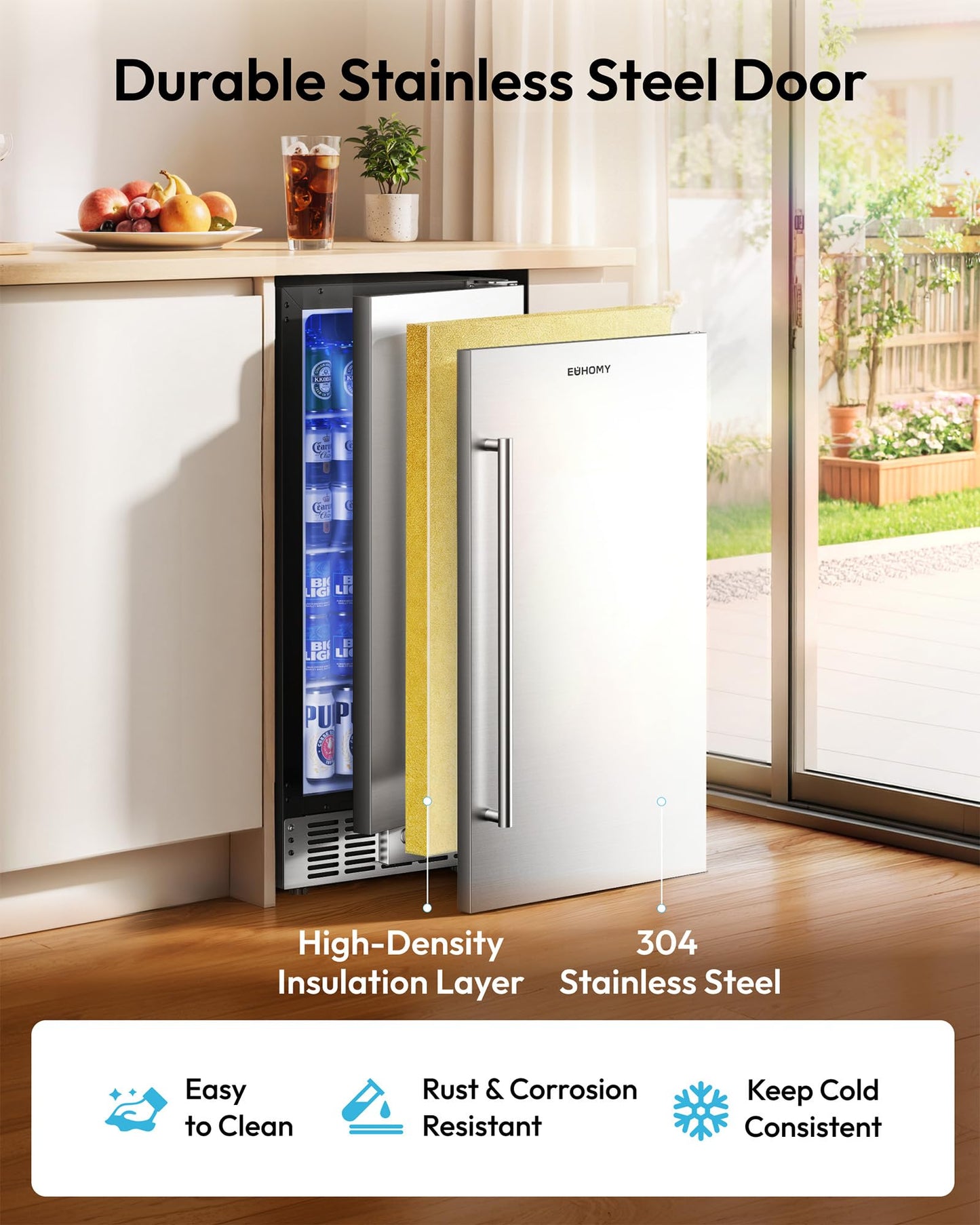 EUHOMY 15 Inch Under Counter Beverage Refrigerator, 127 Can Beverage Fridge with Stainless Steel Door, Beverage Cooler Built-in, Drink Fridge for Soda Beer and Wine