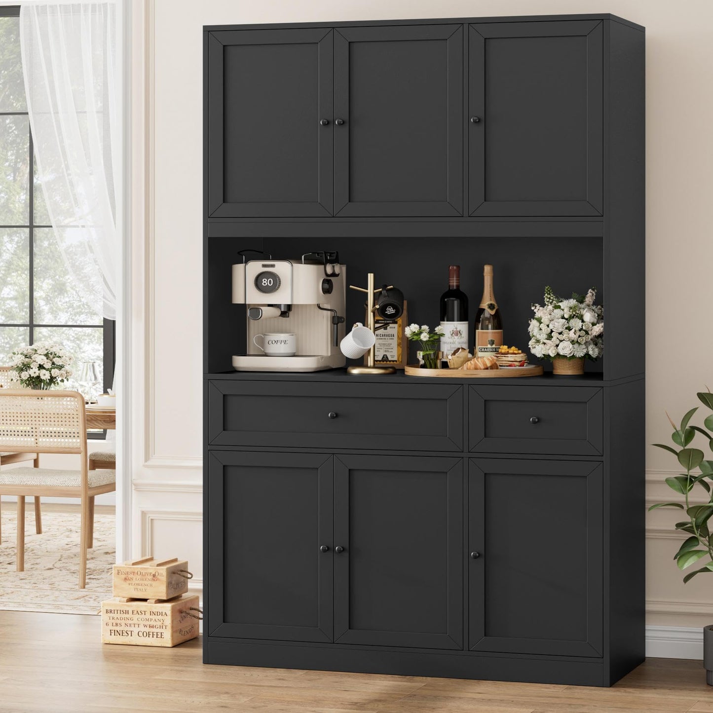 BOTLOG 72" Kitchen Pantry Cabinet, Kitchen Hutch with Microwave Stand, Buffet Cabinet with Hutch for Dining Room, Black
