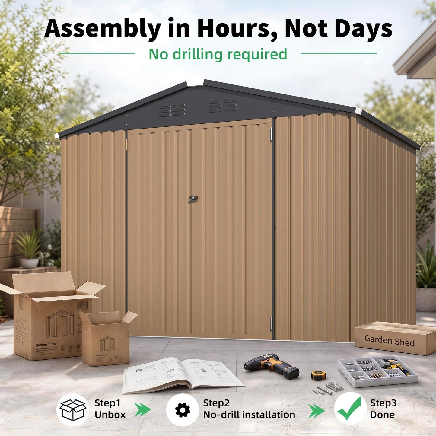 AECOJOY 6' x 8' Outdoor Metal Storage Shed, Heavy Duty Garden Tool Shed with Lockable Double Hinged Door, Small Lawn Mower & Bike Storage Shed for Backyard, Patio - Gray