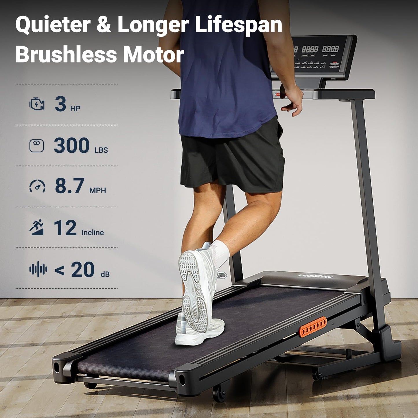 THERUN Treadmill with Incline, 3.0 HP Foldable Treadmills for Home, Brushless Motorized Incline, Treadmill for Home with 0%-12% Auto Incline, 300 LBS Capacity