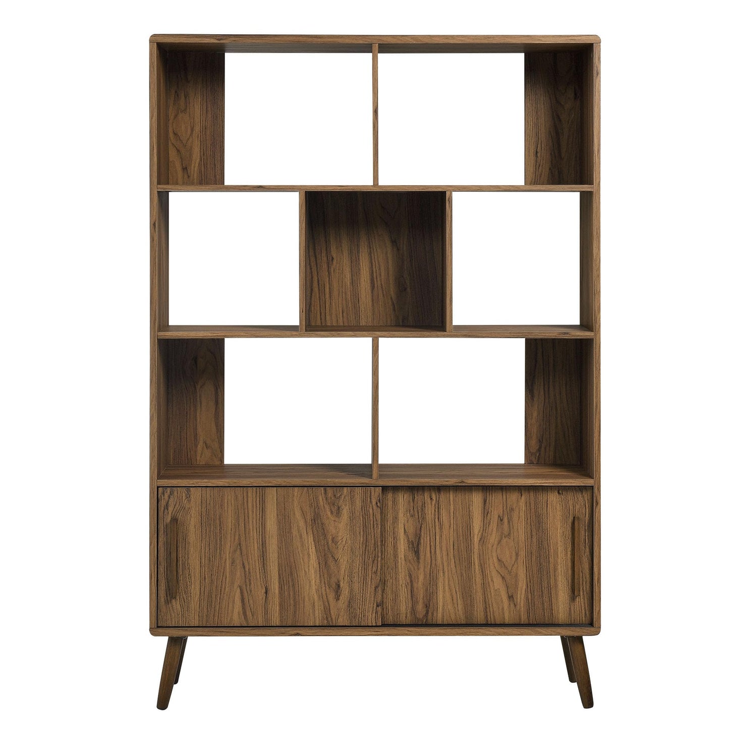 Modway Transmit 8 Shelf Bookcase with Sliding Doors in Walnut - 45 Inch Wood Mid-Century Modern Bookshelf - 4 Tier Tall Open Display Storage Cabinet for Living Room, Office, Hallway