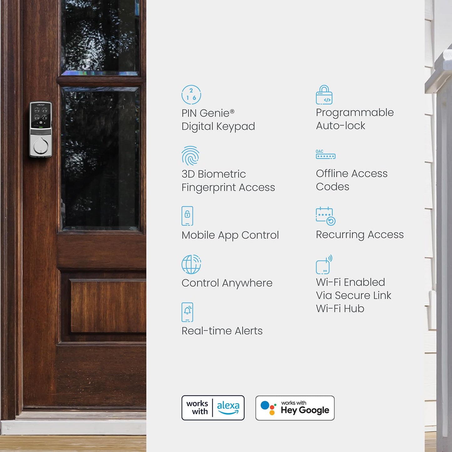Lockly Secure Pro Smart Deadbolt Lock — Fingerprint Keyless Entry, PIN Genie® Patented Keypad, up to 99 Fingerprints, up to 33 Access Codes, Wi-Fi Hub Included, ANSI Grade 1, Alexa & Google Compatible