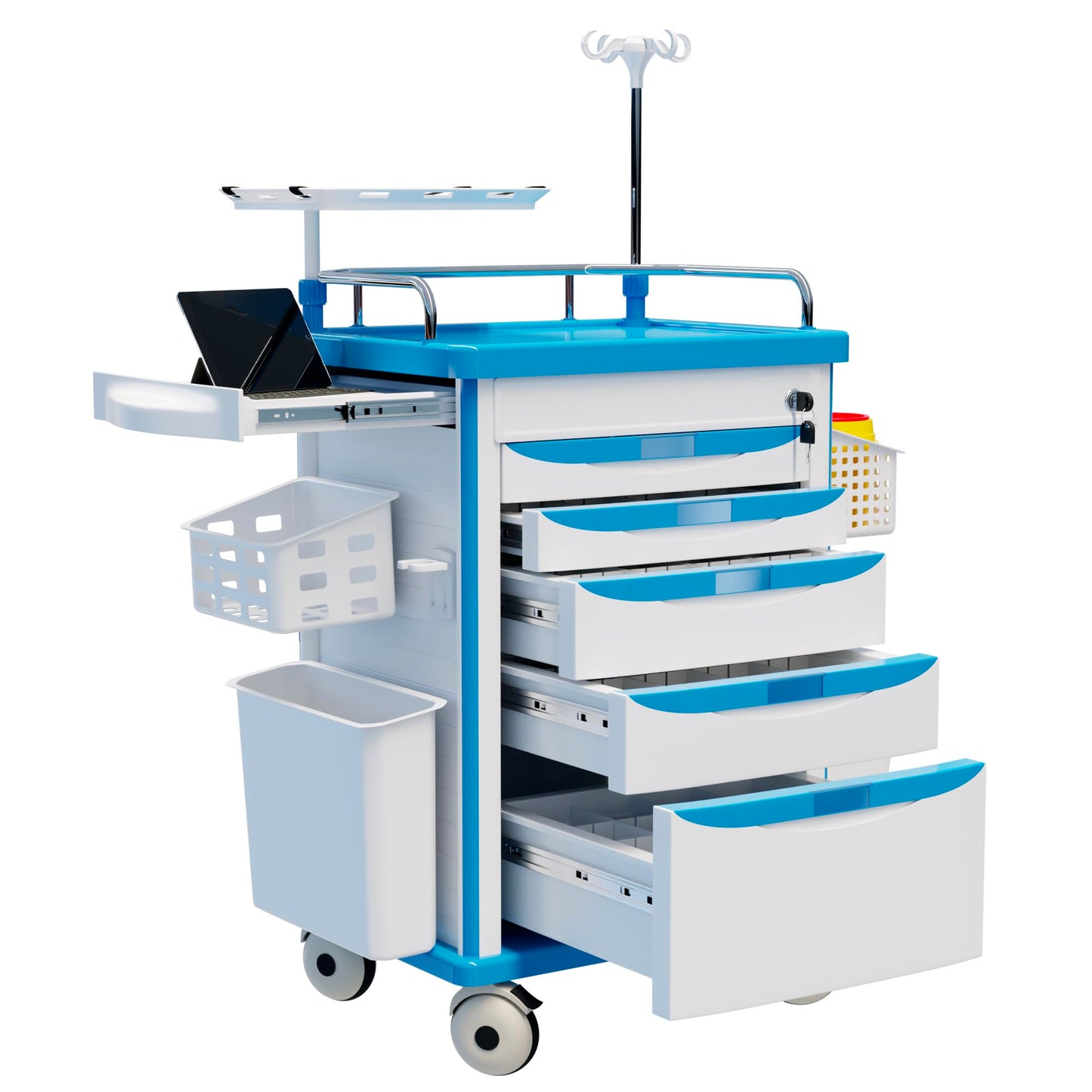Fuzren Medical Rolling Storage Crash Cart with Wheels, 5-Tier Medical Cart with Drawers, Adjustable IV Pole, Trash Bin & O2 Holder, Needle Disposal Holder, Silent Casters, Ideal for Hospitals (Blue)