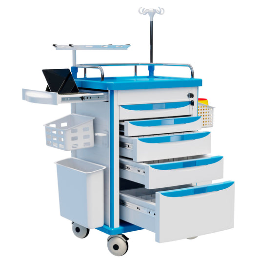 Fuzren Medical Rolling Storage Crash Cart with Wheels, 5-Tier Medical Cart with Drawers, Adjustable IV Pole, Trash Bin & O2 Holder, Needle Disposal Holder, Silent Casters, Ideal for Hospitals (Blue)