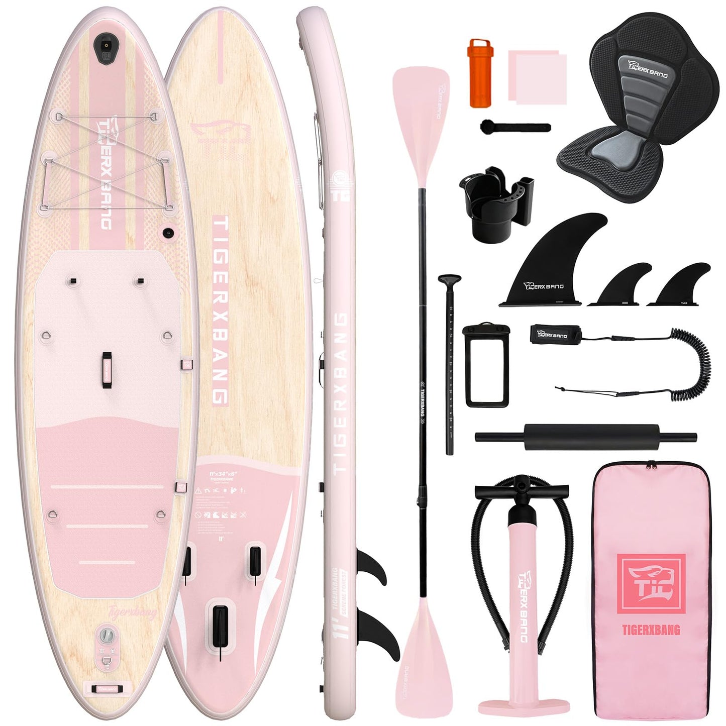 TIGERXBANG Inflatable Stand Up Paddle Board with SUP Board Accessories, Anti-Slip EVA Deck, 11' Paddleboard for Adults & Youth - All Skill Levels, Pink