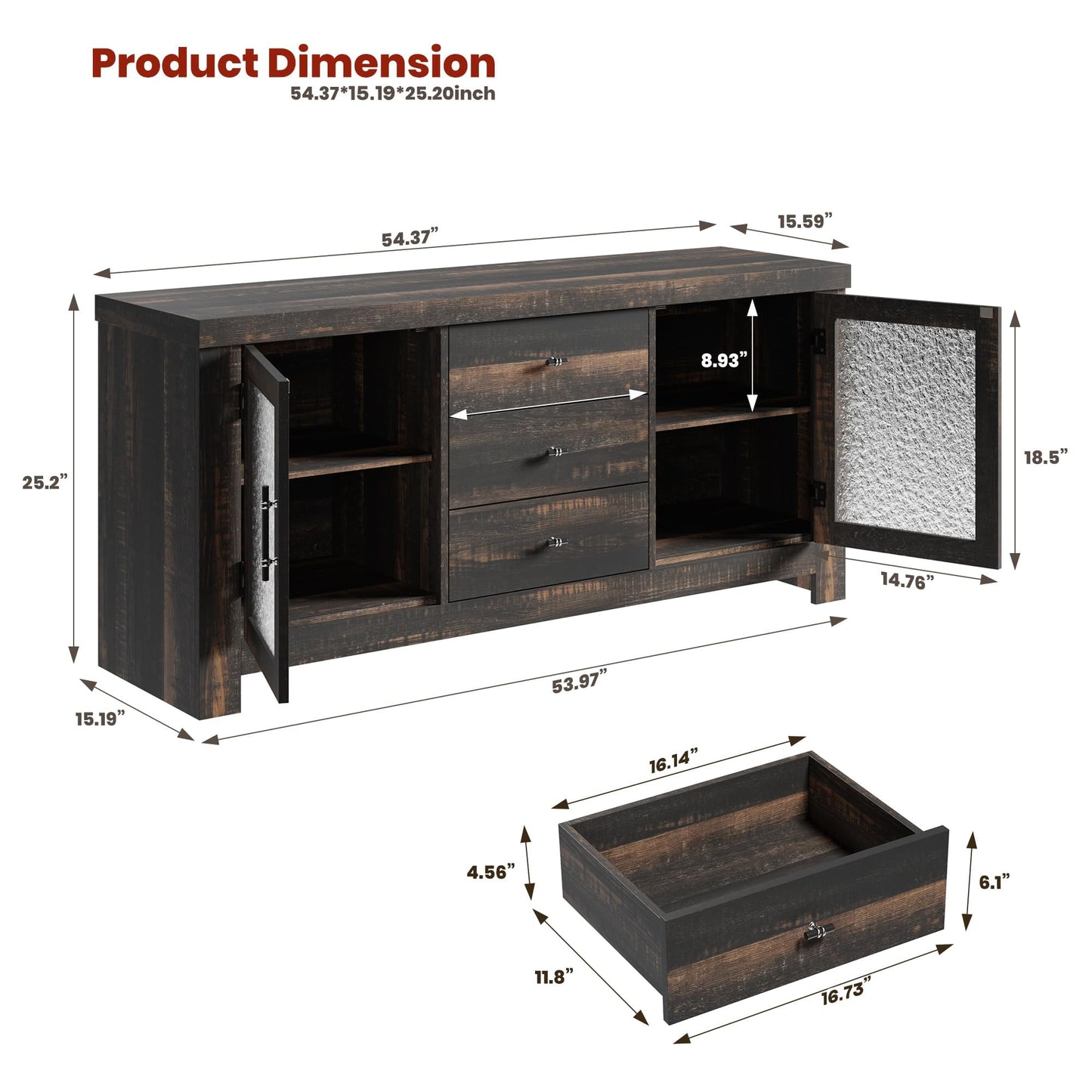 MilleLoom 54.4" Kitchen Buffet Sideboard Cabinet with 2 Glass Doors & 3 Drawers, Accent Storage Cabinet & Coffee Bar Table for Living Room Dining Room