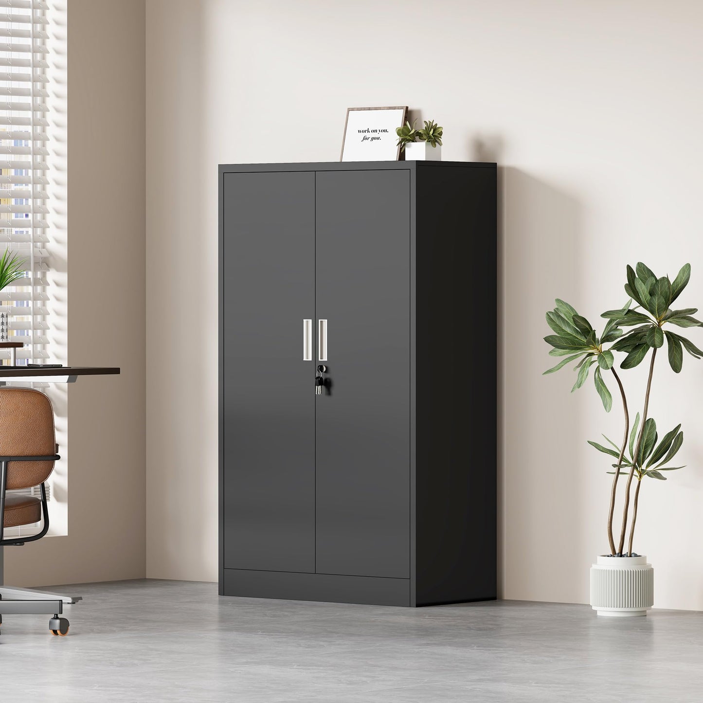 JINKUR Metal Storage Cabinet with Locking Doors and 3 Adjustable Shelves, Lockable Storage Cabinets for Home Office Garage Kitchen Pantry (Black)
