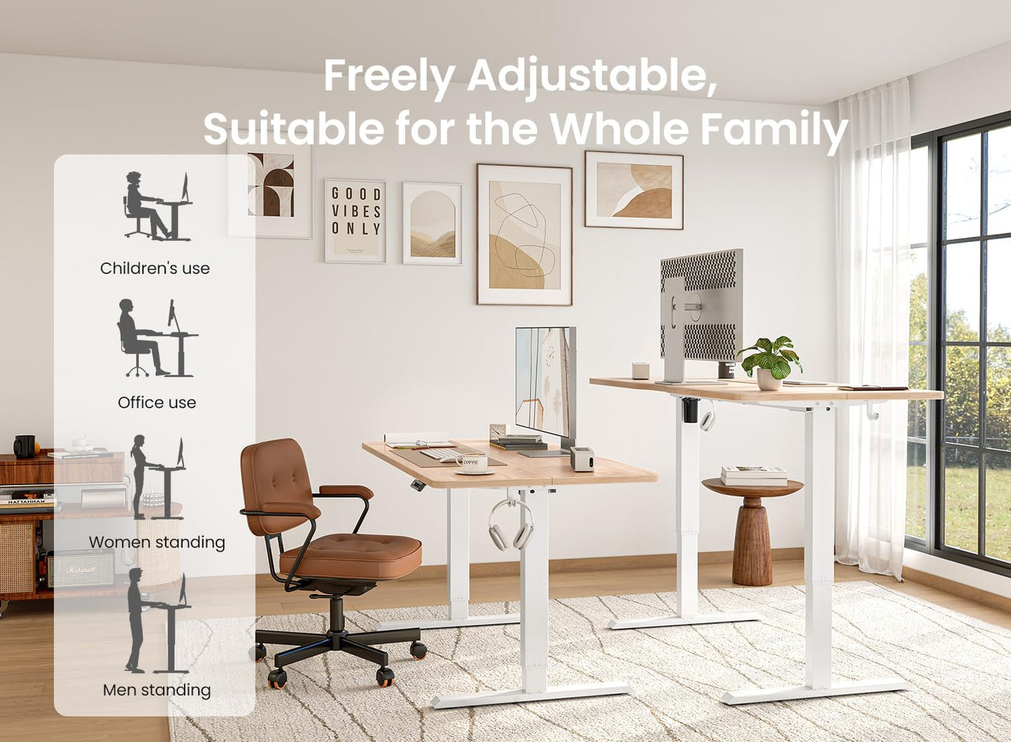 BANTI 63 × 28 Inches Standing Desk, Ergonomic, Electric Height Adjustable, Sit and Stand Up, Computer Desk with a Deeper Desktop, White Frame/Maple Top