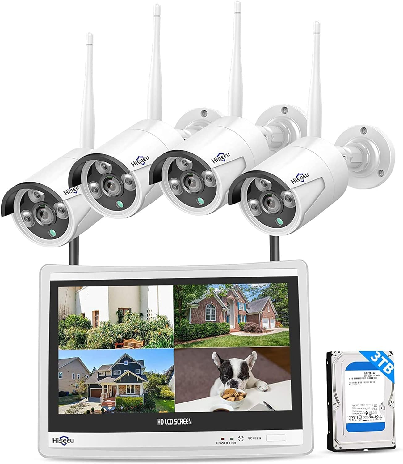 [16CH Expandable] Hiseeu Home Security System, 24/7 Recording 5MP Wired Plug-in Powered Outdoor Bullet Cameras, 2.4G/5G WiFi Pro, 4K NVR with 12" LCD Monitor, 3TB HDD, Night Vision, IP65