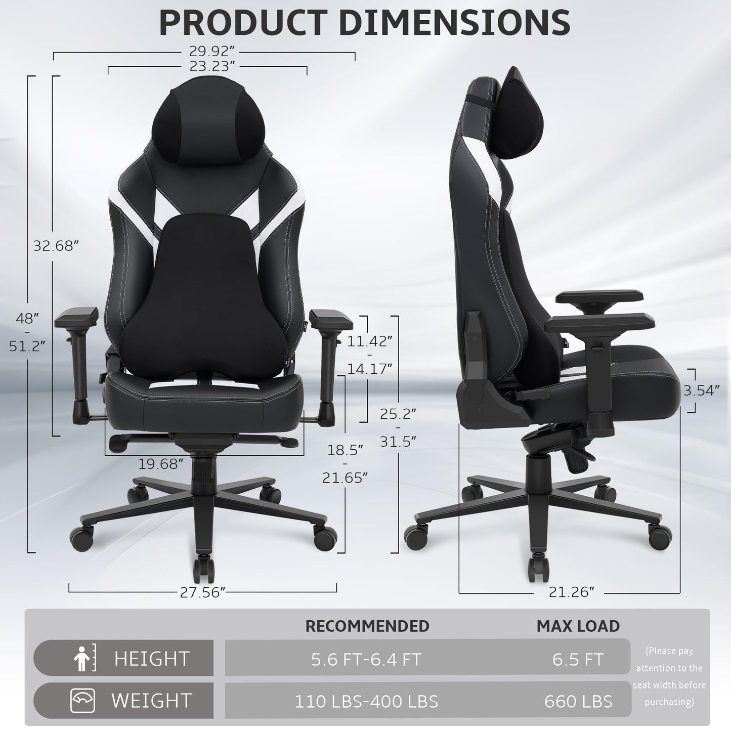 Ergonomic Gaming Chair, Wyrdforging Computer Desk Chairs, 4D Armrests, High Back Office Chair With Headrest & Lumbar Pillow, Tilt Rocker Recliner, Heavy-Duty Base, Black PU Leather & White Suede Combo