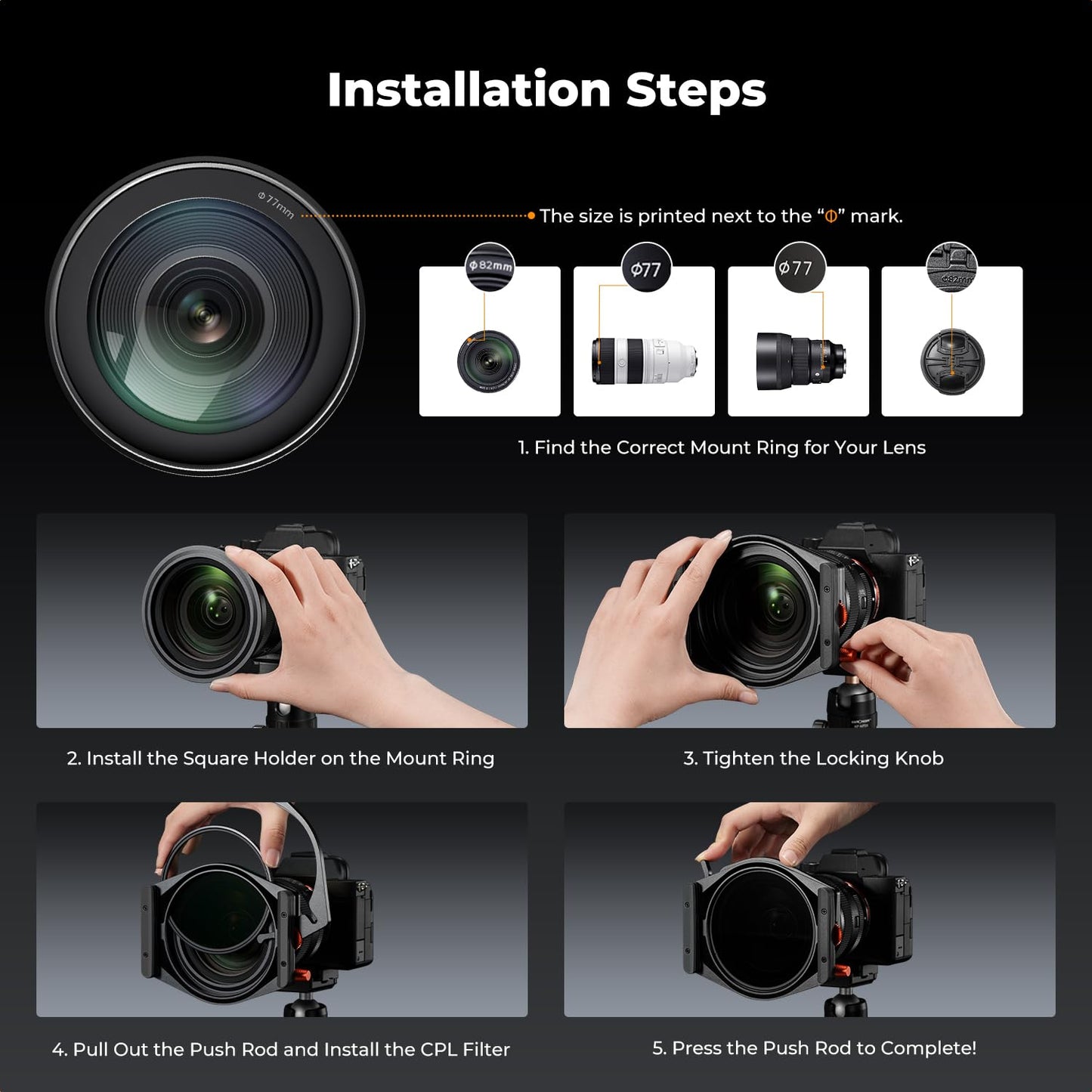 K&F CONCEPT X PRO Square Filter Holder System Kit (Filter Holder + 95mm Circular Polarizer + Square ND1000 Filter + 4 Filter Adapter Rings) for Camera Lens