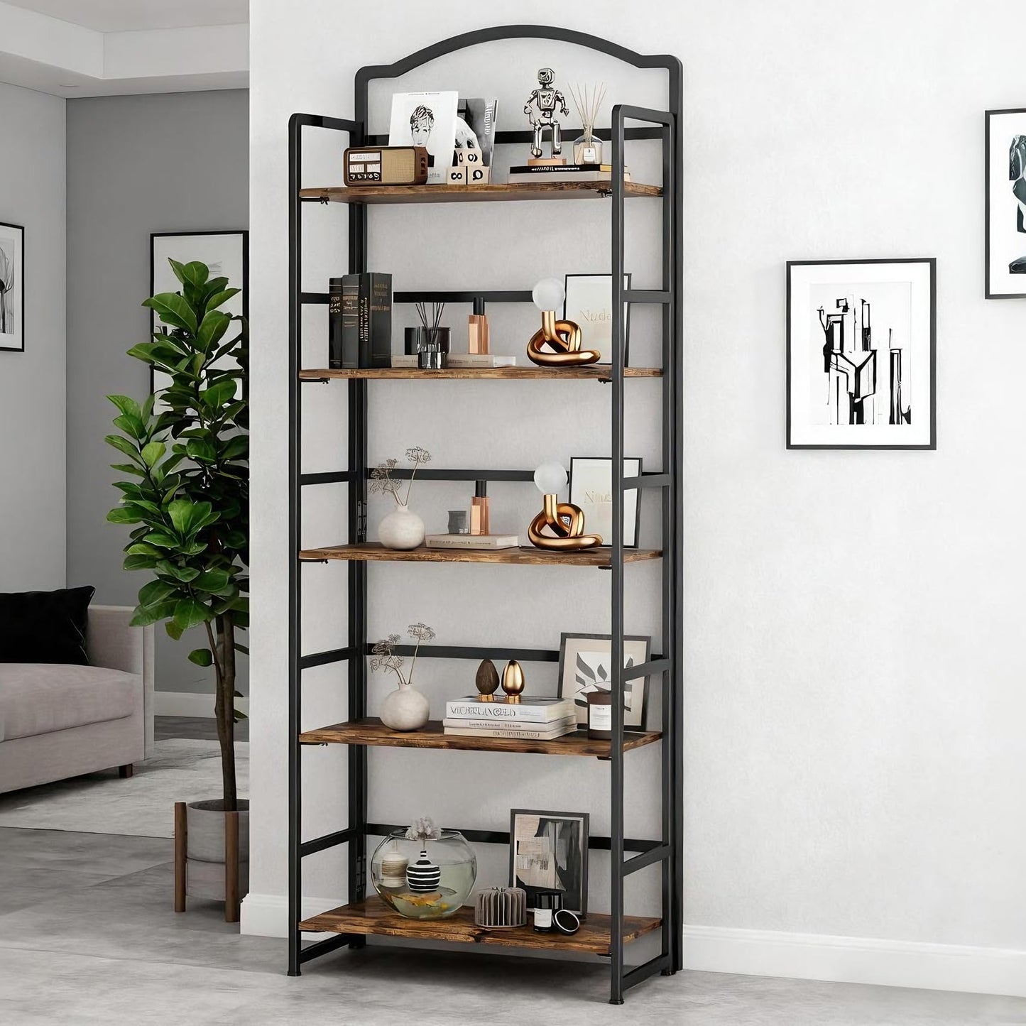 JSB 5 Tier No Assembly Folding Bookshelf, Arched Bookshelf, Foldable Bookcase for Living Room, Bedroom, Office,Skinny Bookshelf (Fire Brown)
