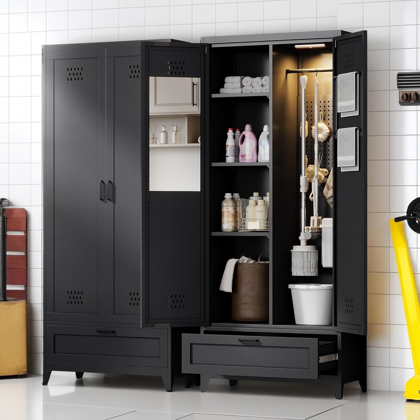 YITAHOME 71" Metal Garage Broom Cabinets with Adjustable Shelves, Vacuum Storage Cabinet with Doors and Drawer, Tool Storage Cabinet for Gym, Basement, Warehouse, Black, Metal