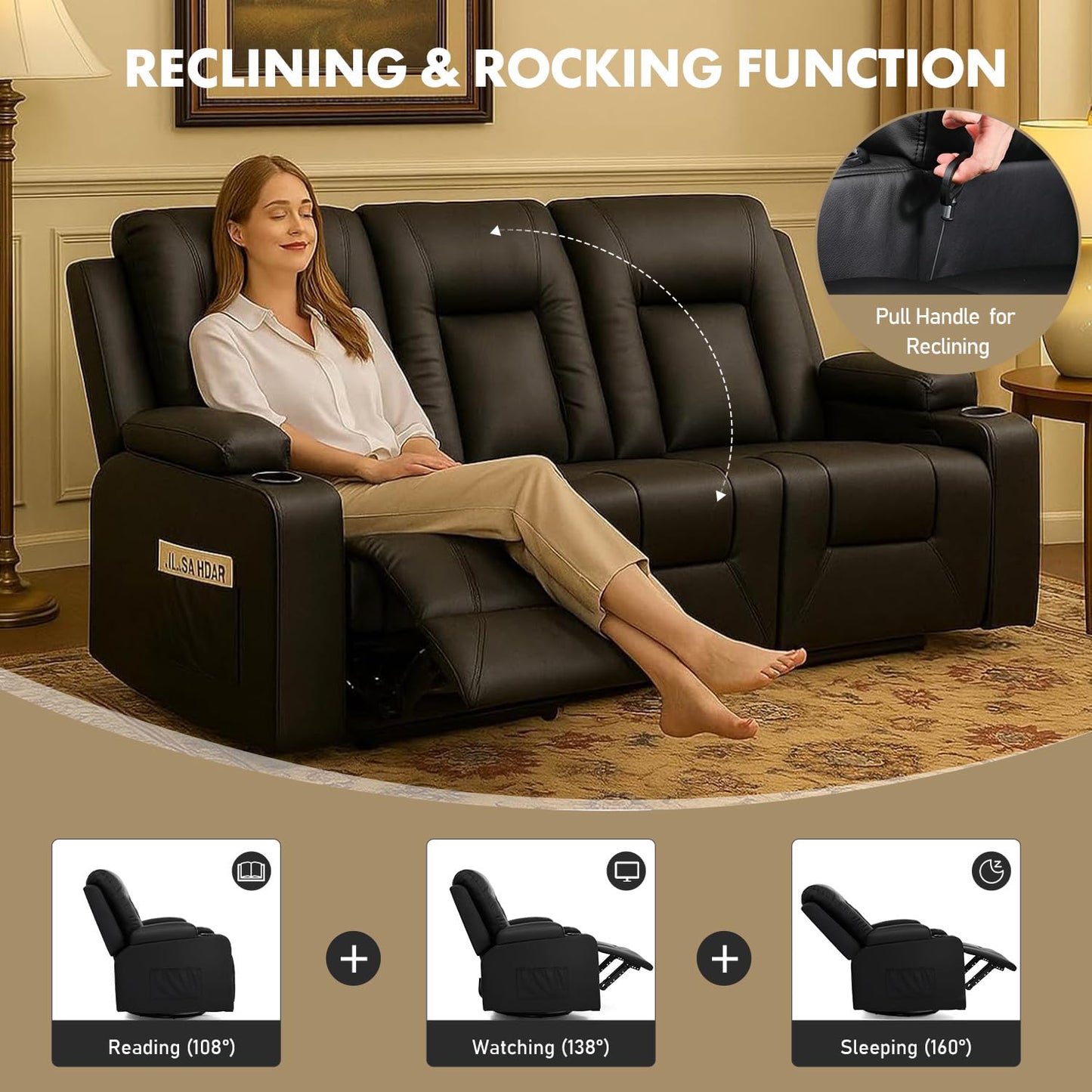 LUCKLIFE Leather Recliner Sofa Set with Manual Recliners,Living Room Furniture Set with Reclining Couch,Loveseat and Armchair,Living Room Chair with Cup Holders,Black (3+2+1)