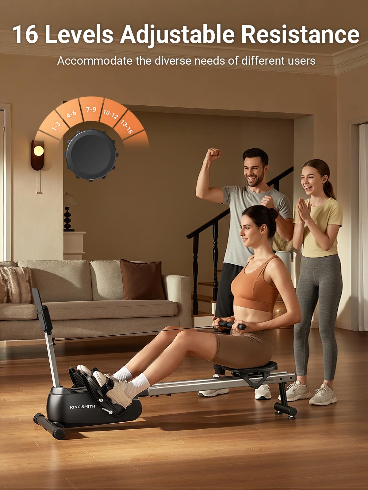 KINGSMITH Magnetic Rowing Machines for Home, 350LBS Capacity, APP Supported, Row Machine with 16-Level Quiet Resistance, LCD Display, Compact Rowing Machine Foldable, Plug-Free